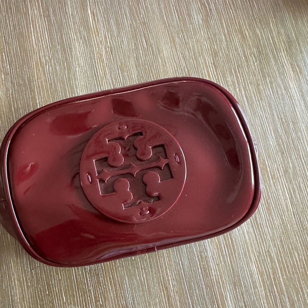 Tory Burch Stacked Patent Small zippered Cosmetic Case Bag Wine